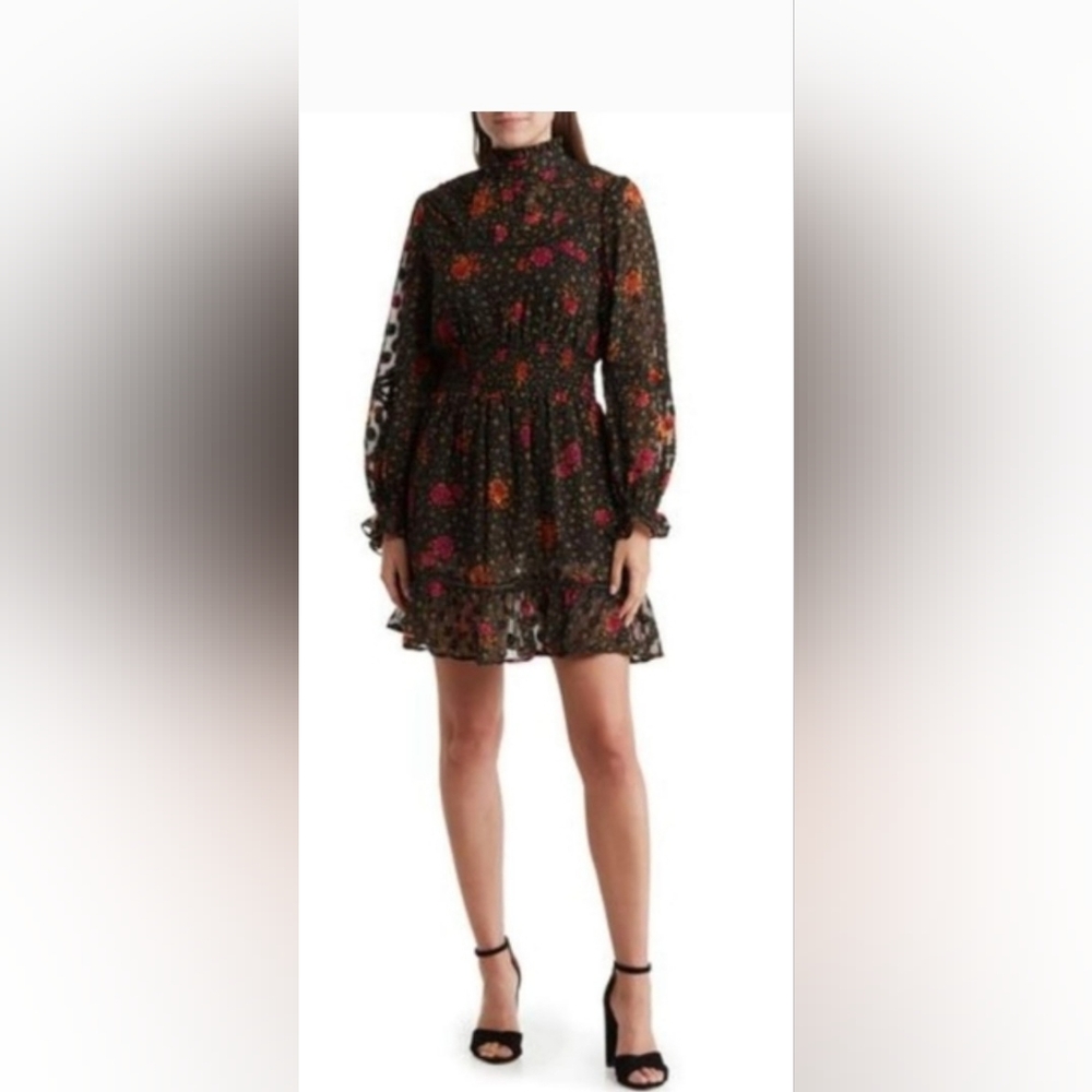 NWT!Spring Boho Sheer Textured Elegant High-Neck Women's Floral Midi Dress Small - Picture 1 of 17